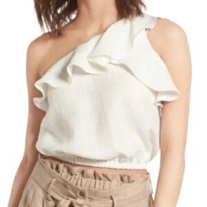 ASTR the Label Asymmetrical One Shoulder Ruffle Ivory Linen Rayon Crop Top XS